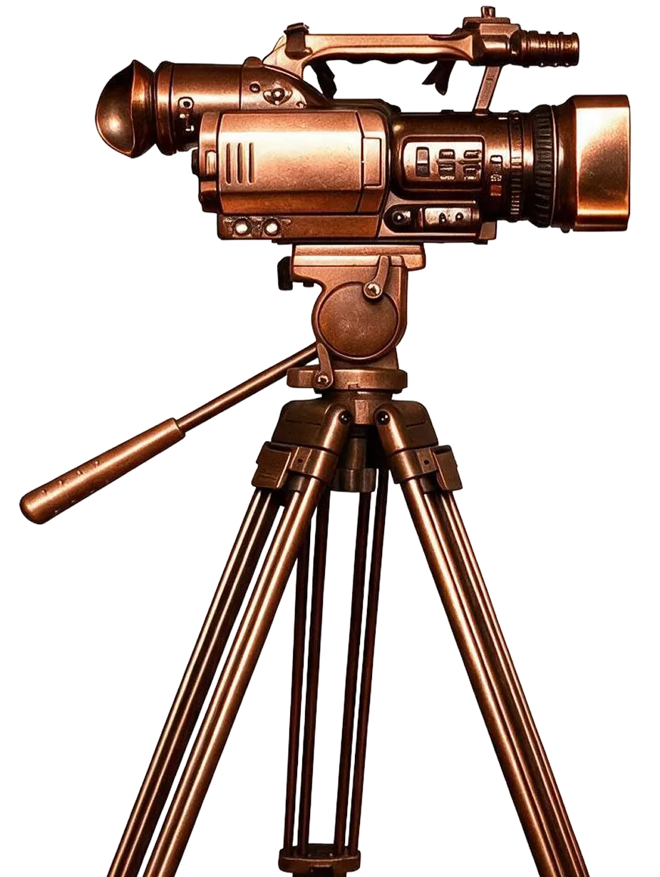 Image of a professional photo/video camera on a tripod stylized with copper texture on it